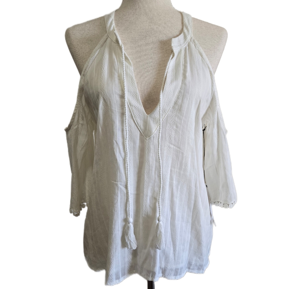 Maven West Boho Blouse Ivory Cold Shoulder Tassel Tie Crochet Sleeve Hem Small